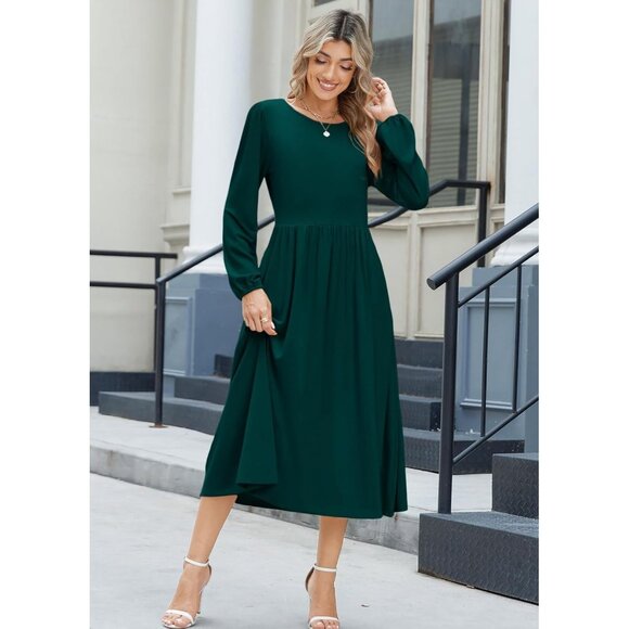 Zeagoo Women Dark Green Long Sleeve Flowy A-Line Boho Long Dress with Pockets - Picture 2 of 6
